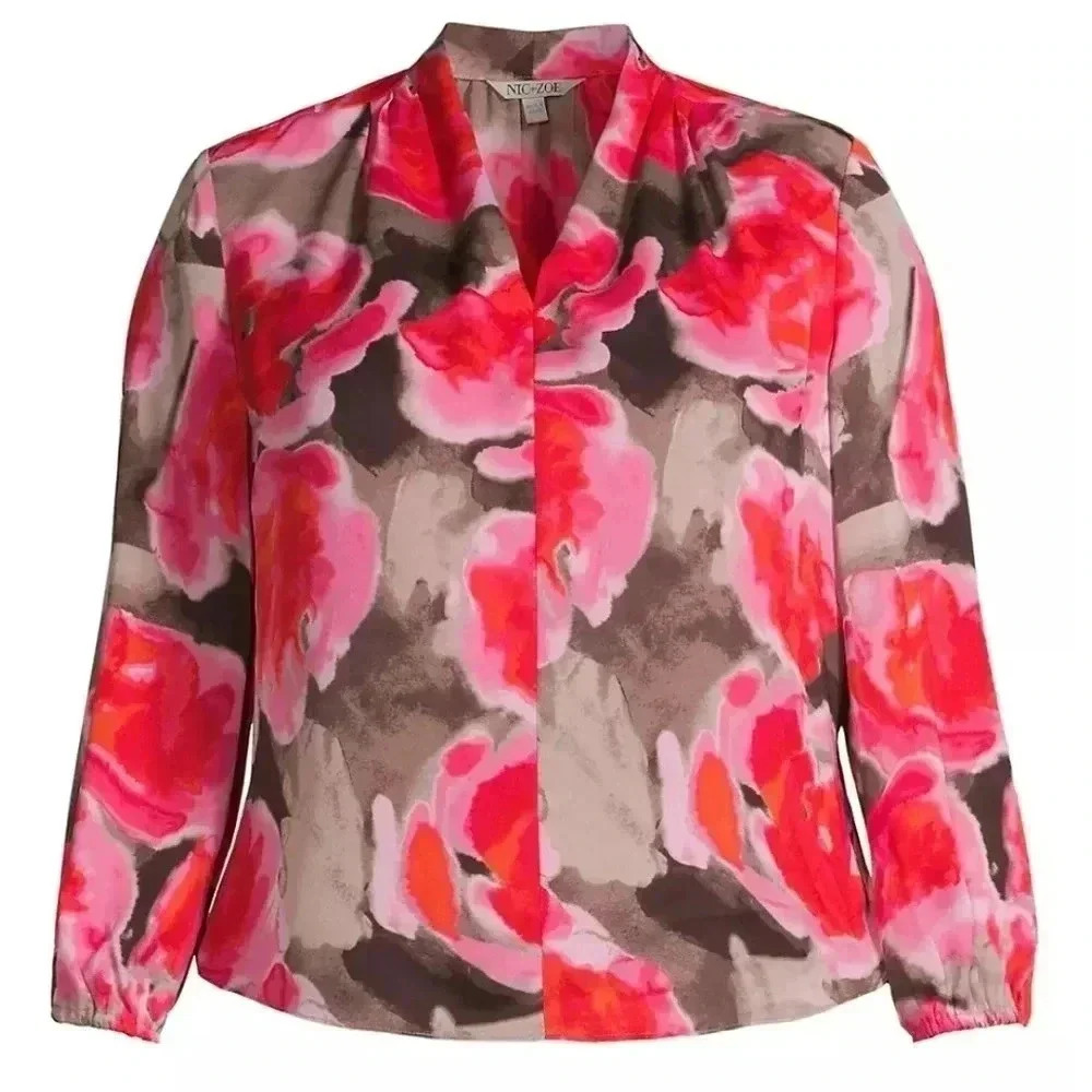 NIC + ZOE Rosy Outlook Multicolored V-Neckline Top(XS)